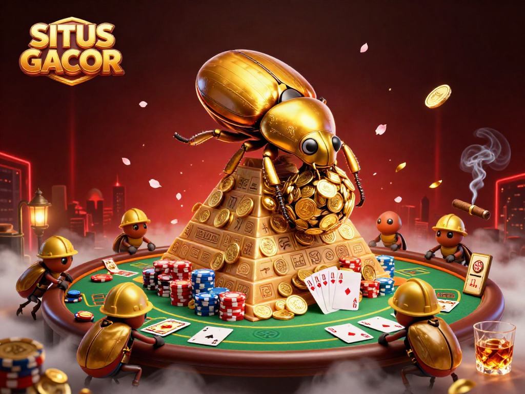 SITUS GACOR showcases a dynamic scene featuring golden beetles amidst vibrant poker elements.