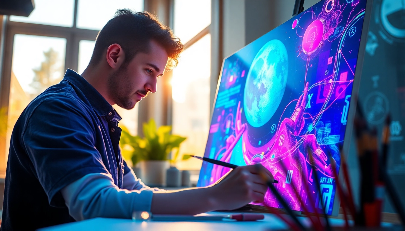 Artist crafting unique digital pieces with vibrant colors, showcasing geekthc creativity.