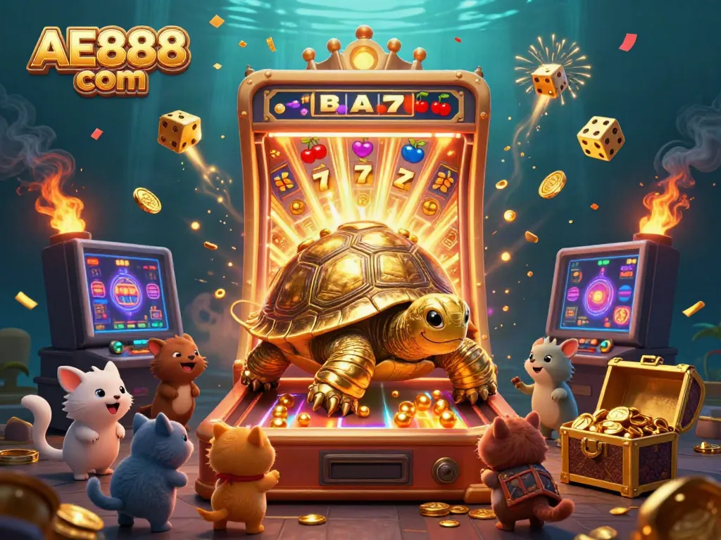 Experience the thrill of AE888 com with an exciting casino scene featuring a tortoise slot machine and jackpot bursts.