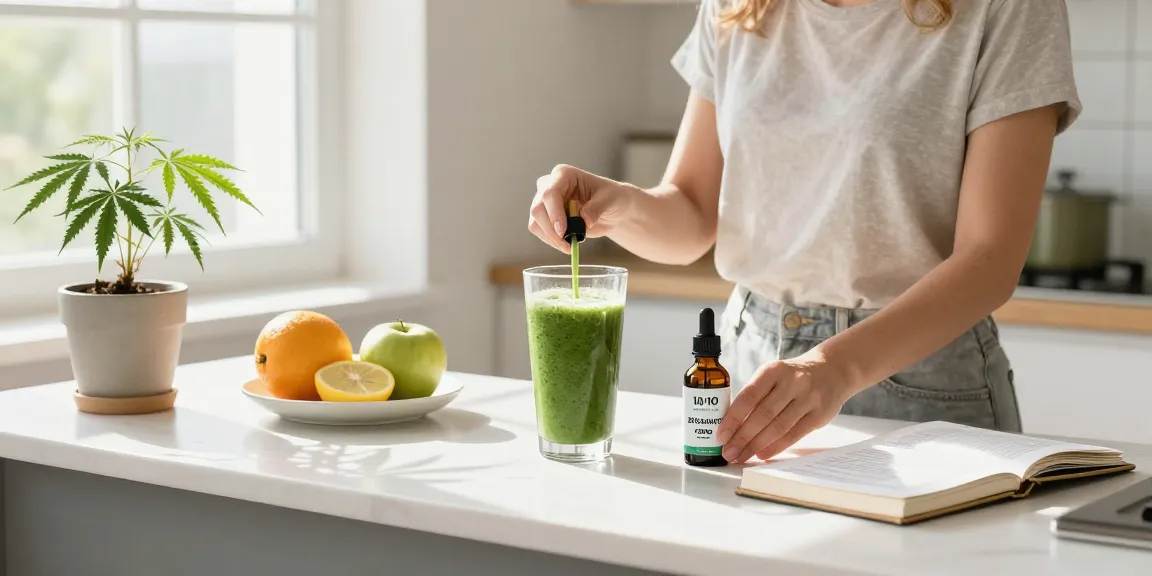 10/10 Boys Biskante CBD oil alongside fresh smoothie ingredients and wellness journal in bright kitchen.