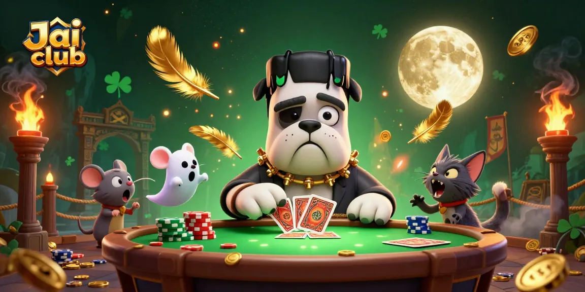 Experience thrilling card games and rewards on Jai club with a spooky casino theme illustration.