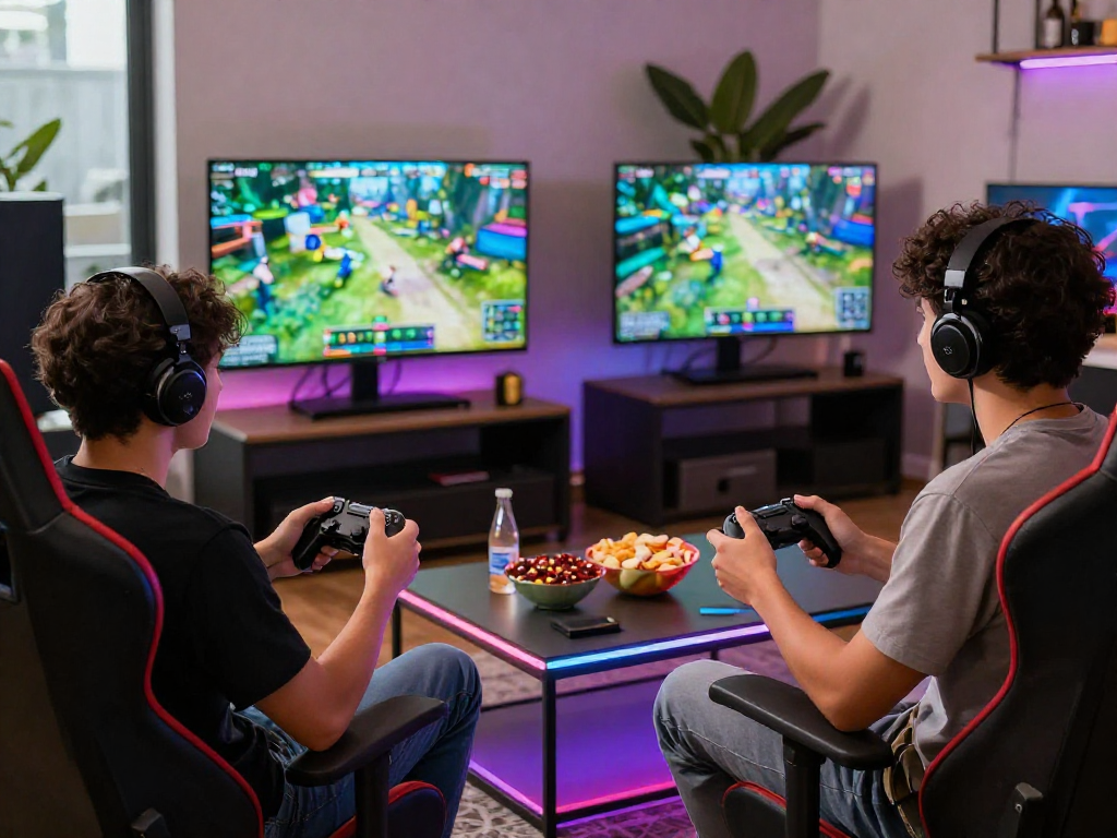 Dynamic gaming scene with friends enjoying rokok 88, showcasing excitement in a stylish lounge.
