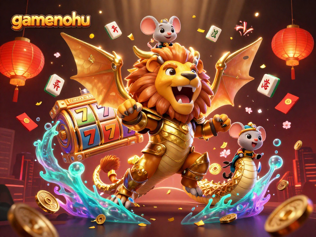 Spin the reels of gamenohu's thrilling slots, featuring a roaring chimera and festive casino elements.