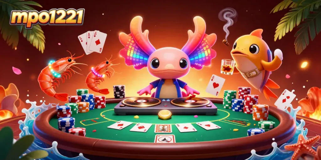 Experience gaming excitement with mpo1221 in a lively 3D casino scene featuring vibrant characters and poker elements.
