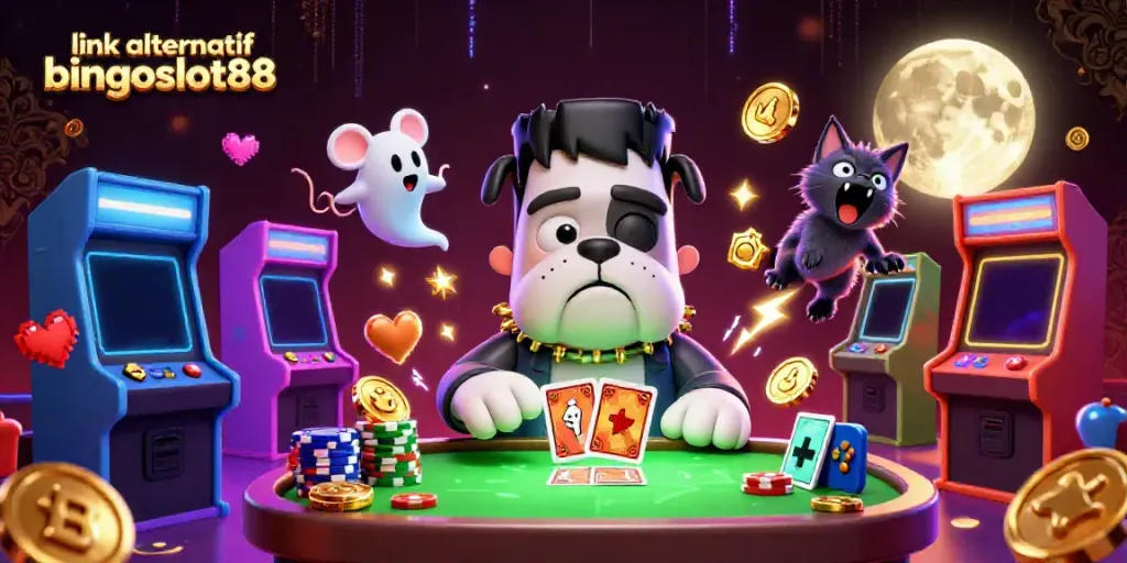 Gambar menampilkan karakter monster bulldog Frankenstein dalam suasana kasino sambil melakukan permainan kartu di meja hijau, link alternatif bingoslot88.