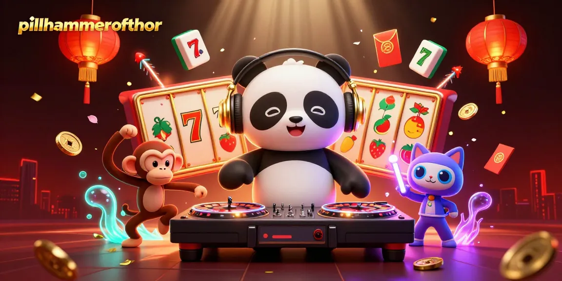 Pillhammerofthor menghadirkan ilustrasi kasino yang menarik dengan panda DJ dan elemen slot yang memikat
