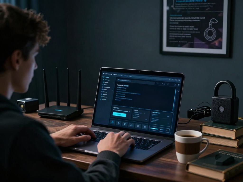 The person analyzing the hidden wiki on a laptop in a dimly lit room, surrounded by cybersecurity gadgets and digital privacy materials.