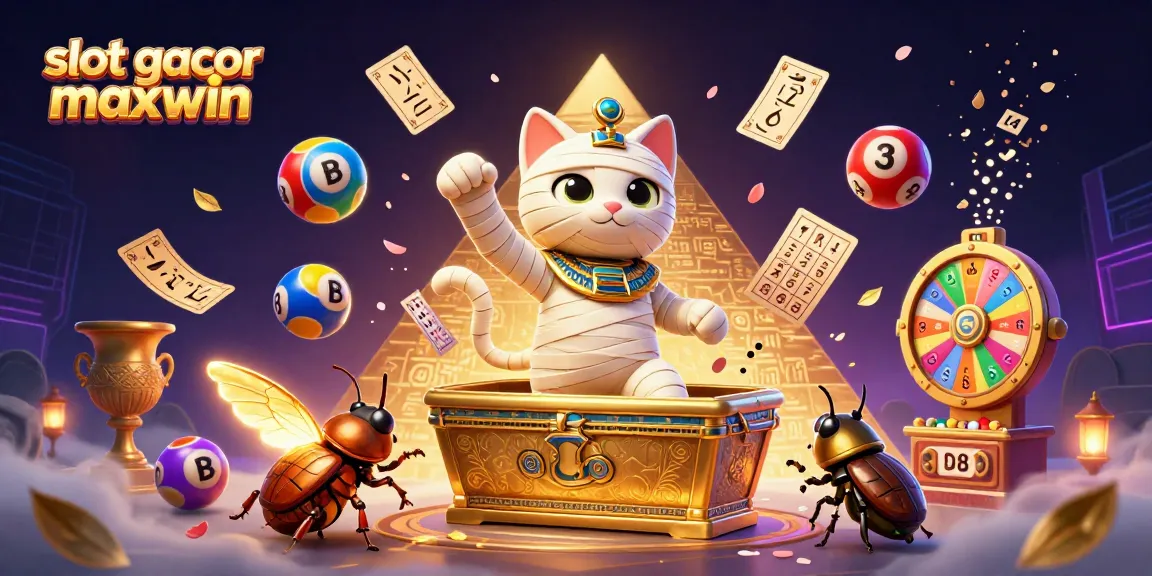Engage with slot gacor maxwin in a vibrant, dynamic casino scene with a mummy cat and glowing elements.
