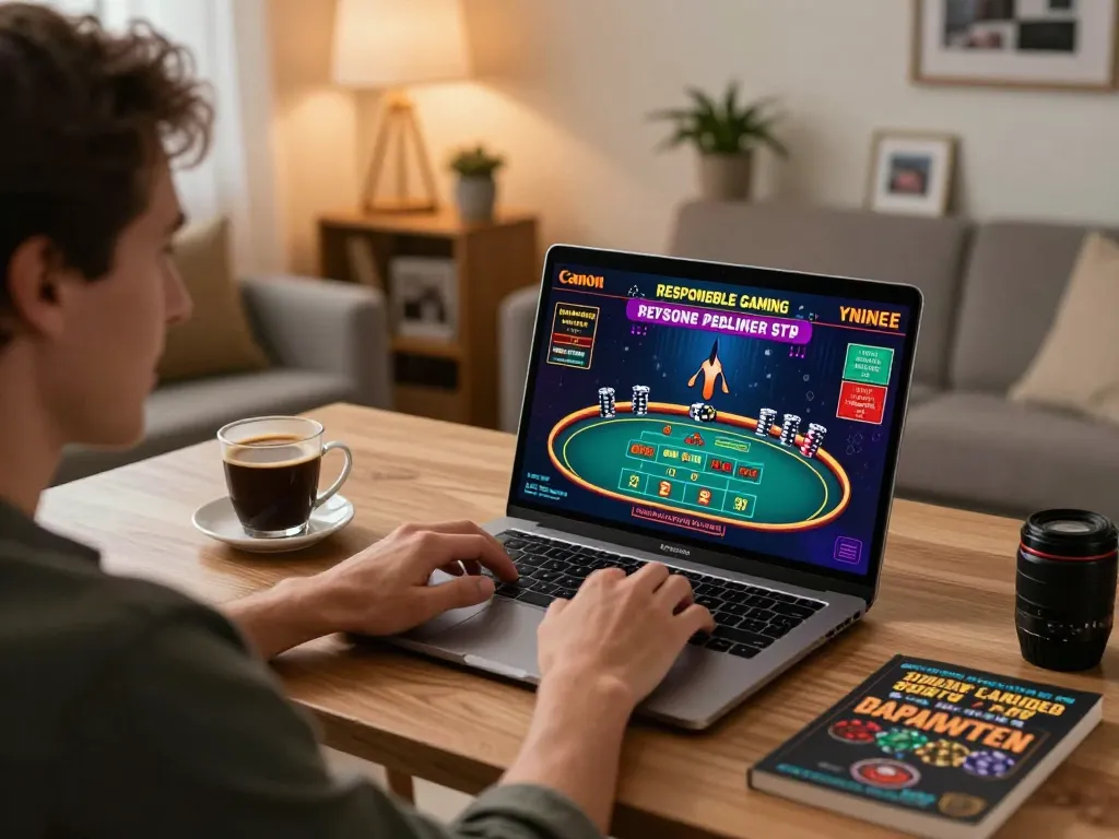 Engaging in responsible online gaming асtivities while đăng nhập fly88 through a laptop in a cozy home office setting.
