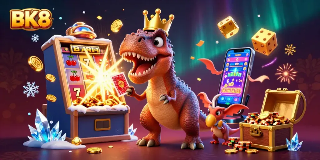 Engage with BK8’s vibrant gaming scene featuring fun T-Rex and dino characters amidst dynamic slot machines.
