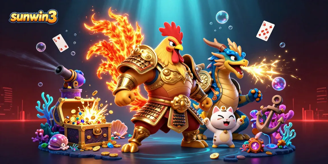 Engage with sunwin3: A dynamic scene featuring a rooster warrior and dragon hatchling amidst underwater treasures and casino elements