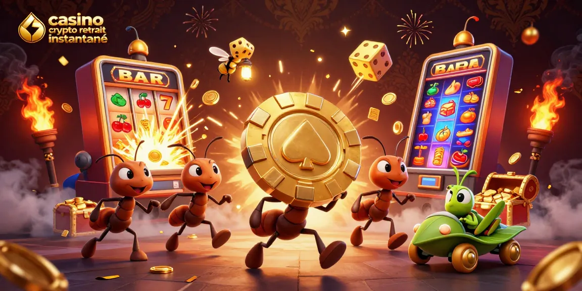 Illustration d'un casino crypto retrait instantané avec des fourmis en train de voler un jeton de poker doré.