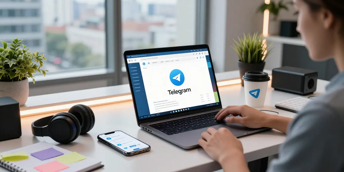 Accessing Telegram Web Version in a modern workspace with tech gadgets and a vibrant city view.