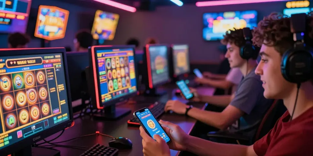 Pengalaman bermain slot gacor dengan pemain merayakan kemenangan jackpot menggunakan link slot gacor dalam suasana gaming yang hidup.