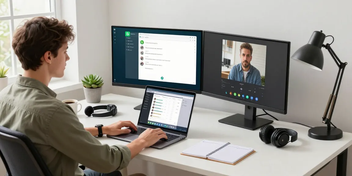 Using WhatsApp電腦版 on a modern laptop at a stylish home office, showcasing productivity and comfort.