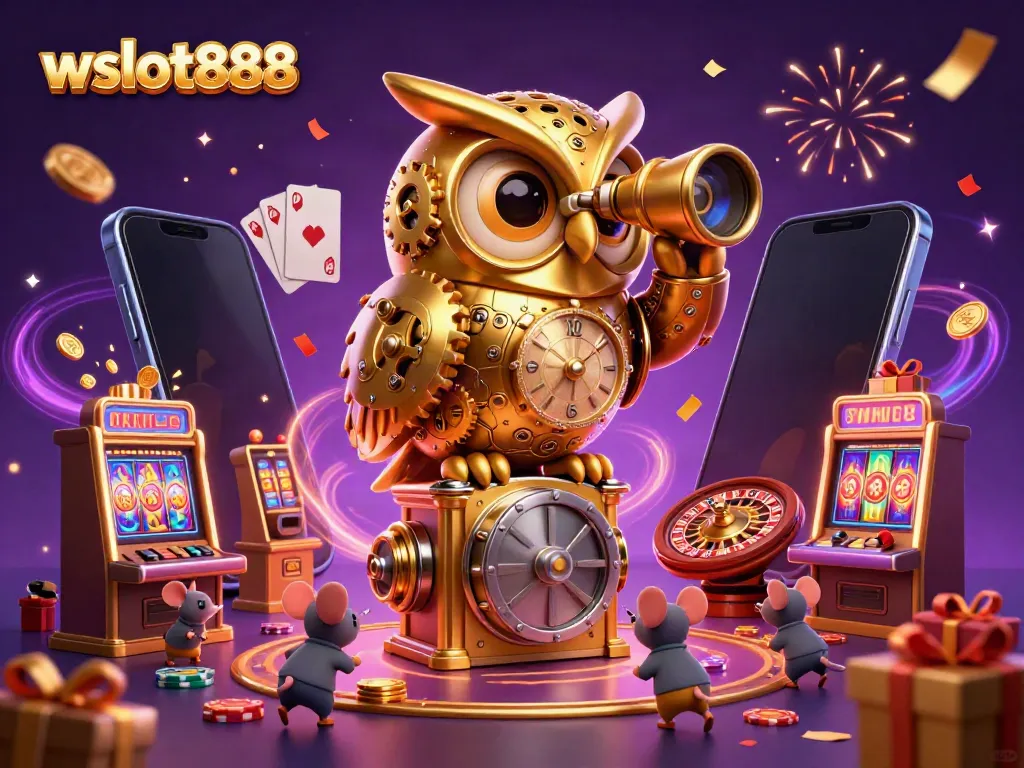 Game slot wslot888 dengan burung hantu emas mekanik di antara mesin slot berwarna.