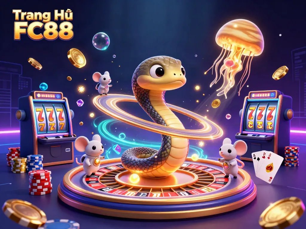 Engage with Trang Chủ FC88's exciting casino atmosphere featuring a unique roulette scene in space.