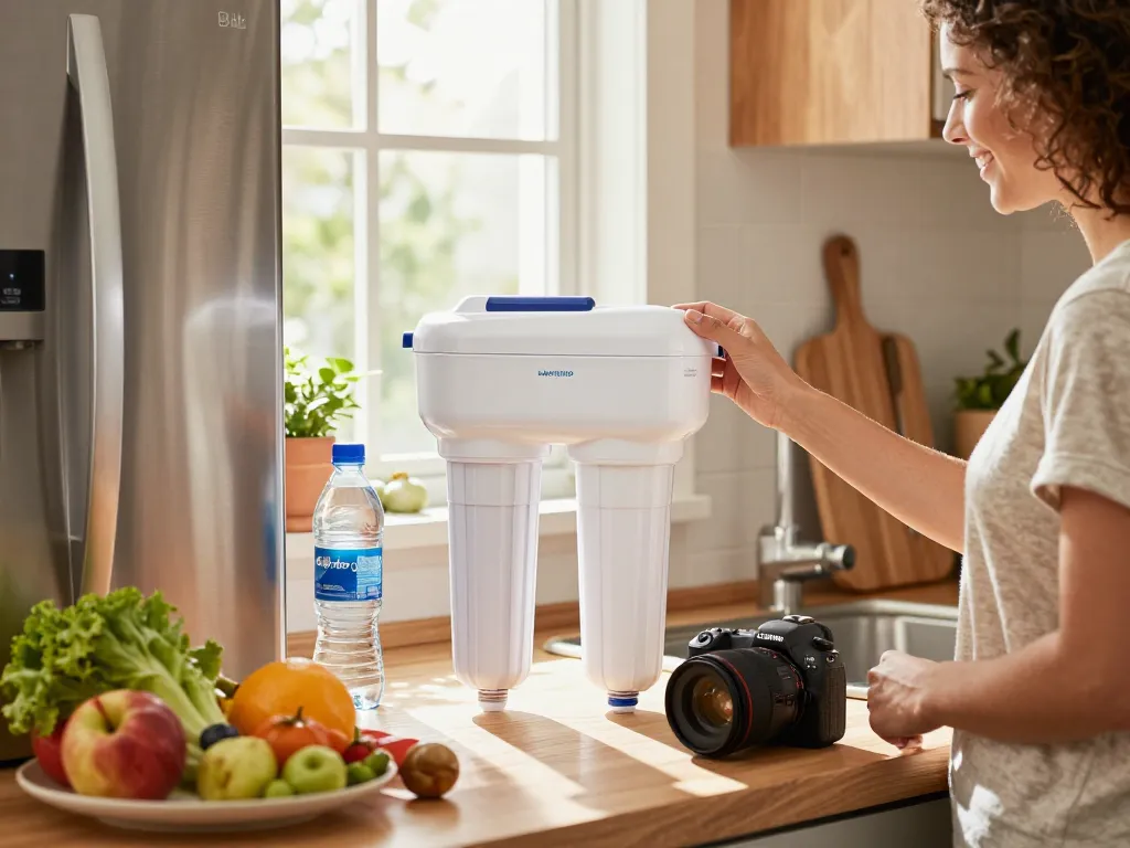 Person installing Waterdrop DA29-00020B Replacement for Samsung® Water Filter HAF-CIN/EXP in a bright kitchen setting.