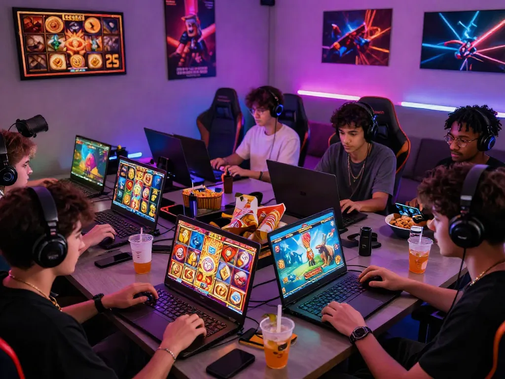 Exciting slot online gacor gaming scene with diverse players engaged in immersive digital slots.