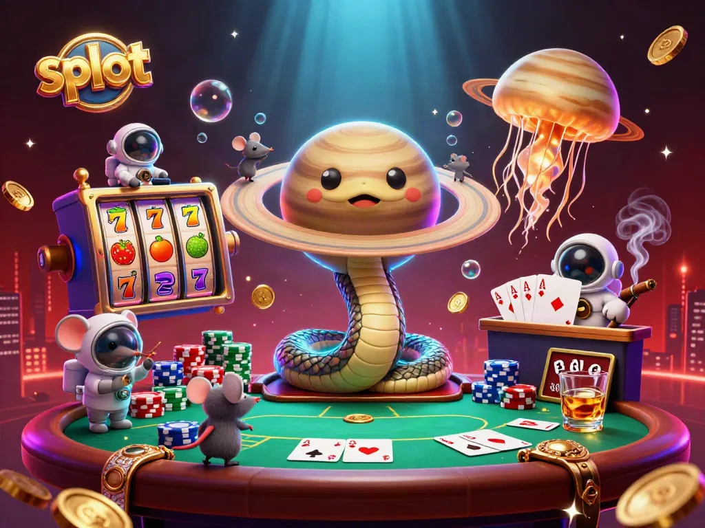 Slot permainan kasino dengan karakter kartun yang menarik dan efek cahaya menyala, menambah keseruan.