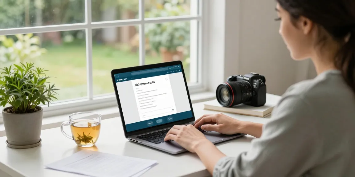 Online medical card consultation scene featuring a person comfortably seated at a desk engaged in getting a medical card online.