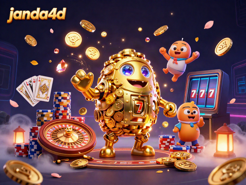 Janda4D menawarkan pengalaman permainan kasino yang mendebarkan dengan simbol mesin slot dan koin emas yang berkilauan.