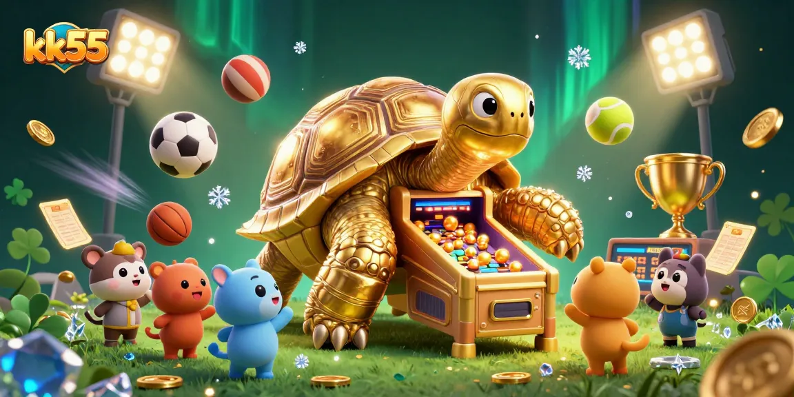 Engage in exciting gameplay at kk55 with a 3D cartoon golden tortoise pinball machine and sports elements.