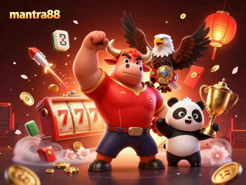 Experience the excitement of mantra88 with a dynamic scene featuring characters and slot game elements.
