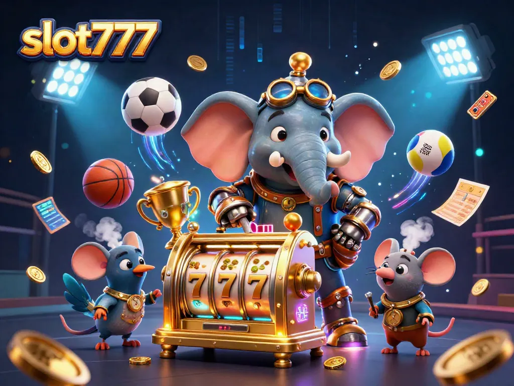 Bermain slot777 dengan mesin slot emas yang megah dan karakter menarik di latar belakang casino.