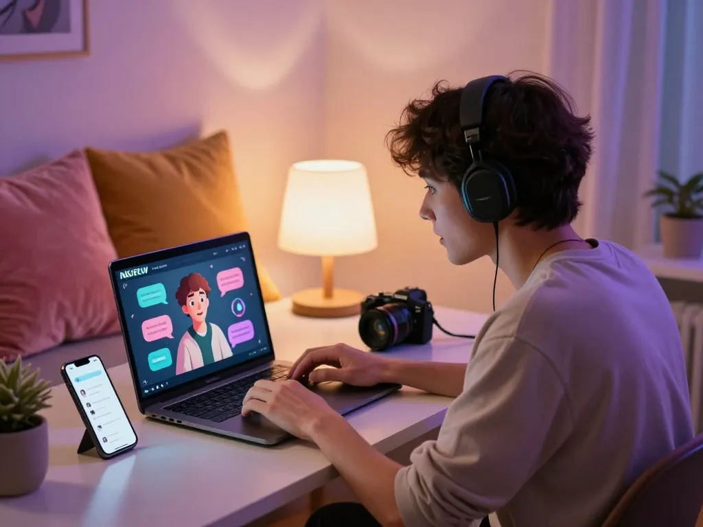 Engaging in NSFW character AI chats in a vibrant home office.