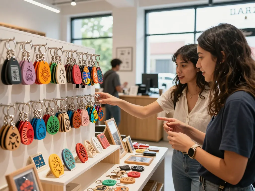 Customized keychain collection displayed in a vibrant e-commerce setting, with unique designs and a customer exploring options.
