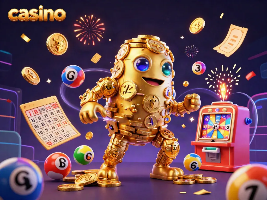 Experience thrilling casino action with a vibrant golden golem made of coins, surrounded by celebratory elements.