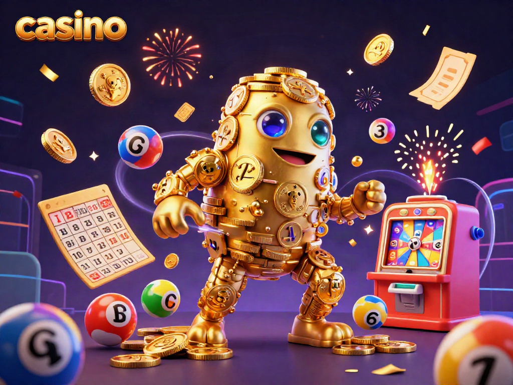 Experience thrilling casino action with a vibrant golden golem made of coins, surrounded by celebratory elements.