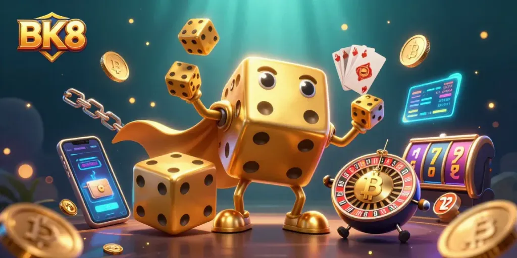 Engage with BK8's vibrant casino atmosphere, featuring golden dice, Bitcoin, and slot reels.