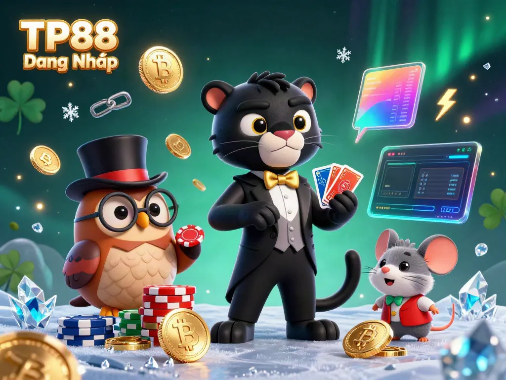 Engage with TP88 Đăng Nhập featuring a stylish panther dealer, owl with chips, and lucky mouse in an enticing casino setting.