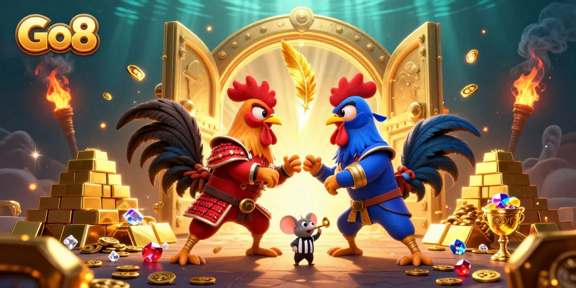 Go8's thrilling showdown between cartoon fighting roosters in a vibrant casino world.