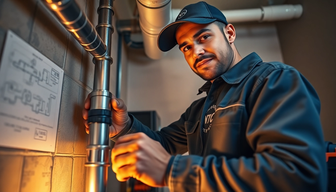 NYC emergency plumber & sewer fixing a pipe with a toolbox in a warm basement.