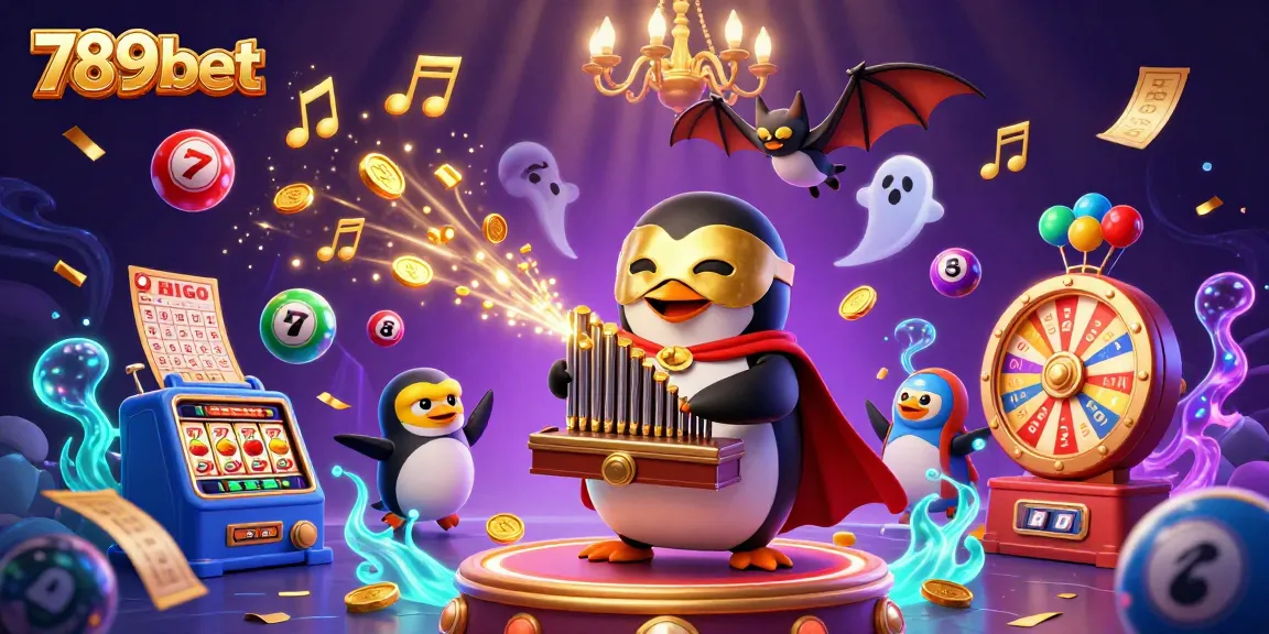 Engage with 789bet's vibrant casino scene featuring a penguin and a bat, celebrating wins with a dynamic lottery theme.