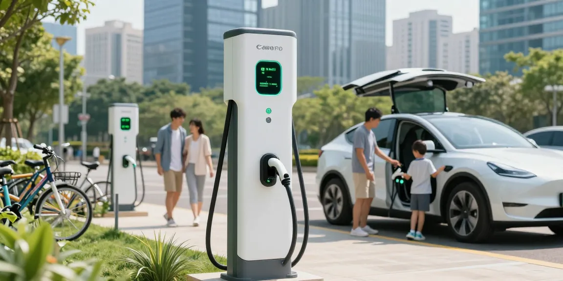 Dc fast charger manufacturer at a bustling urban charging station with EV drivers enjoying quick charging.