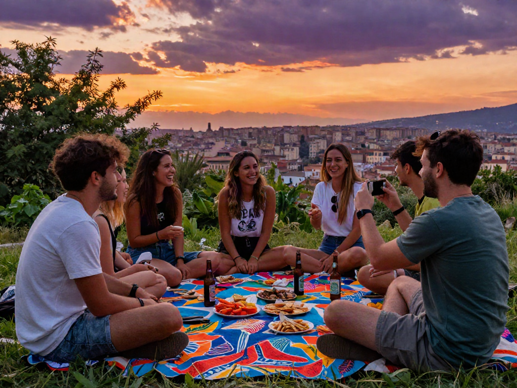 Young adults enjoying Napoli Weed and snacks at a scenic overlook in Naples, Italy during sunset.