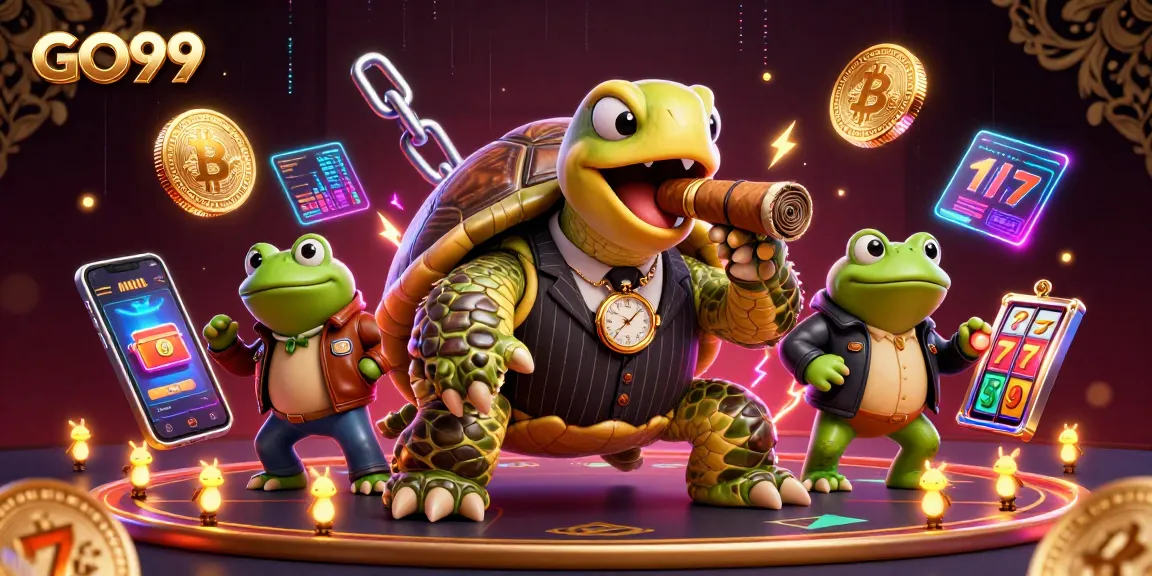 Engage with thrilling GO99 casino games amidst a whimsical 3D scene featuring charming characters.