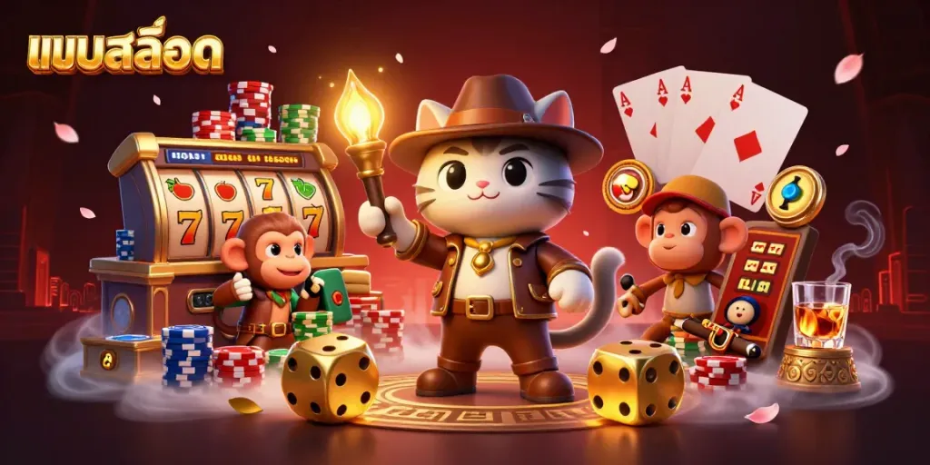 Engage in exciting แบบสล็อต gameplay with a dynamic 3D explorer and monkey in a golden casino adventure.