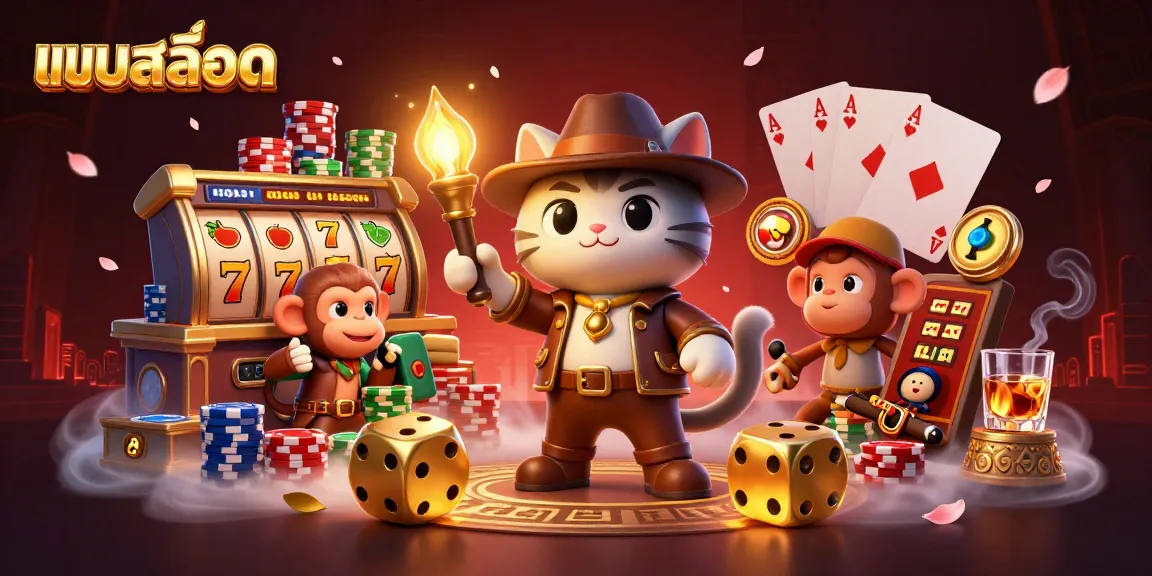 Engage in exciting แบบสล็อต gameplay with a dynamic 3D explorer and monkey in a golden casino adventure.