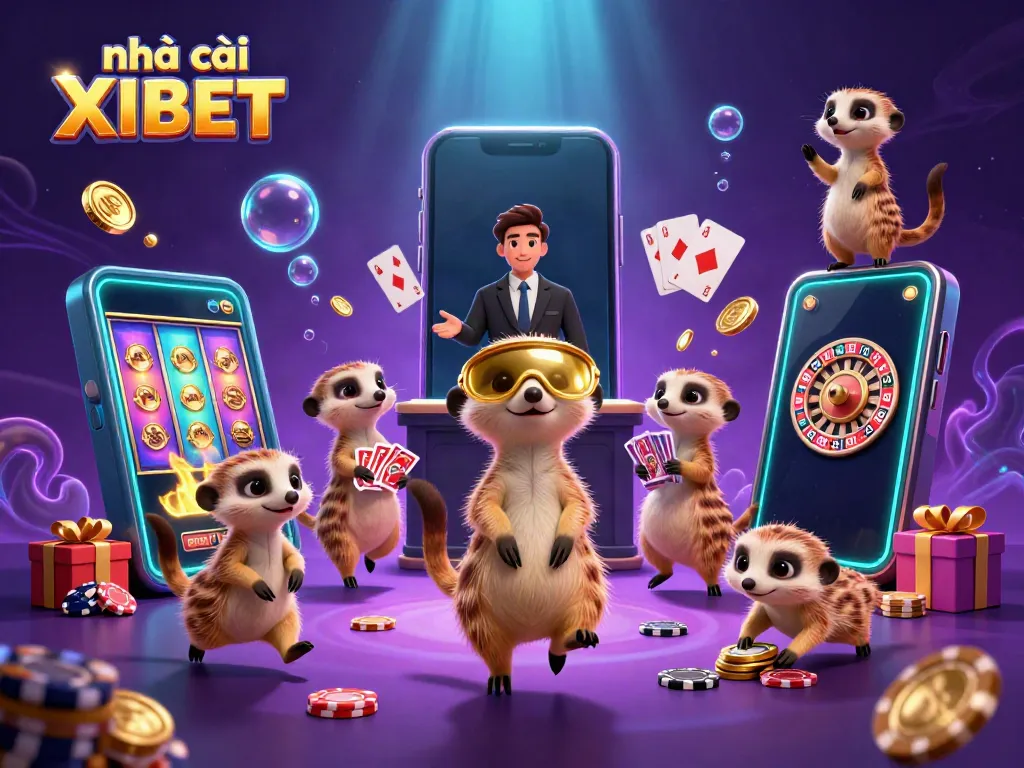 Join the fun at nhà cái XIBET with meerkats running a vibrant casino scene filled with excitement and games.