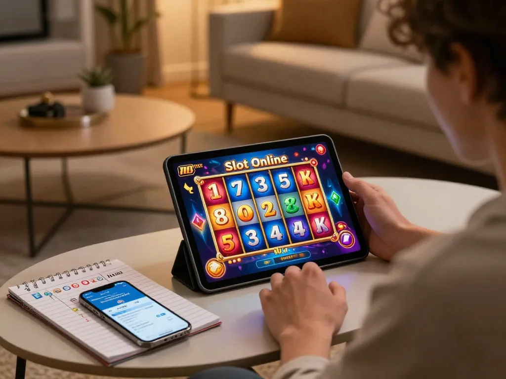 Engaging in Slot Online gaming on a tablet in a cozy home setting, celebrating wins with strategy notes.
