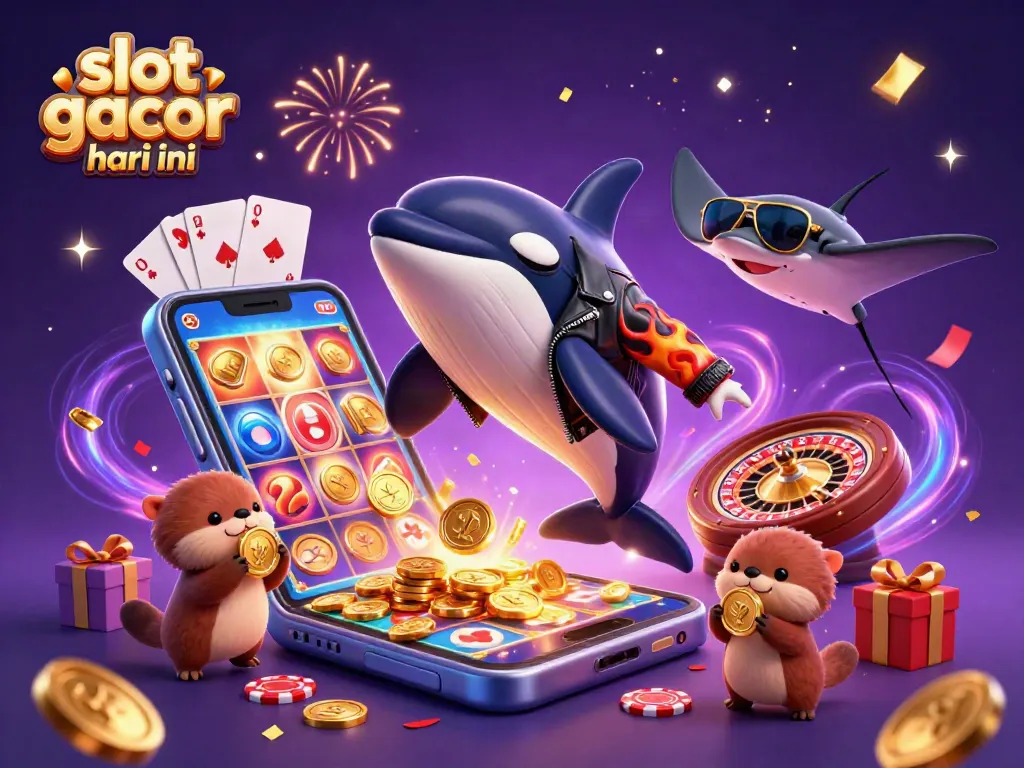 Engage with slot gacor hari ini as sea otters float holding coins next to an orca and stingray in a vibrant casino scene.