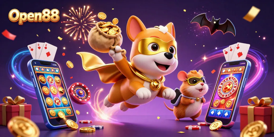 Experience exciting gameplay at Open88 with a dynamic 3D illustration featuring a superhero dog and hamster amidst vibrant casino elements.