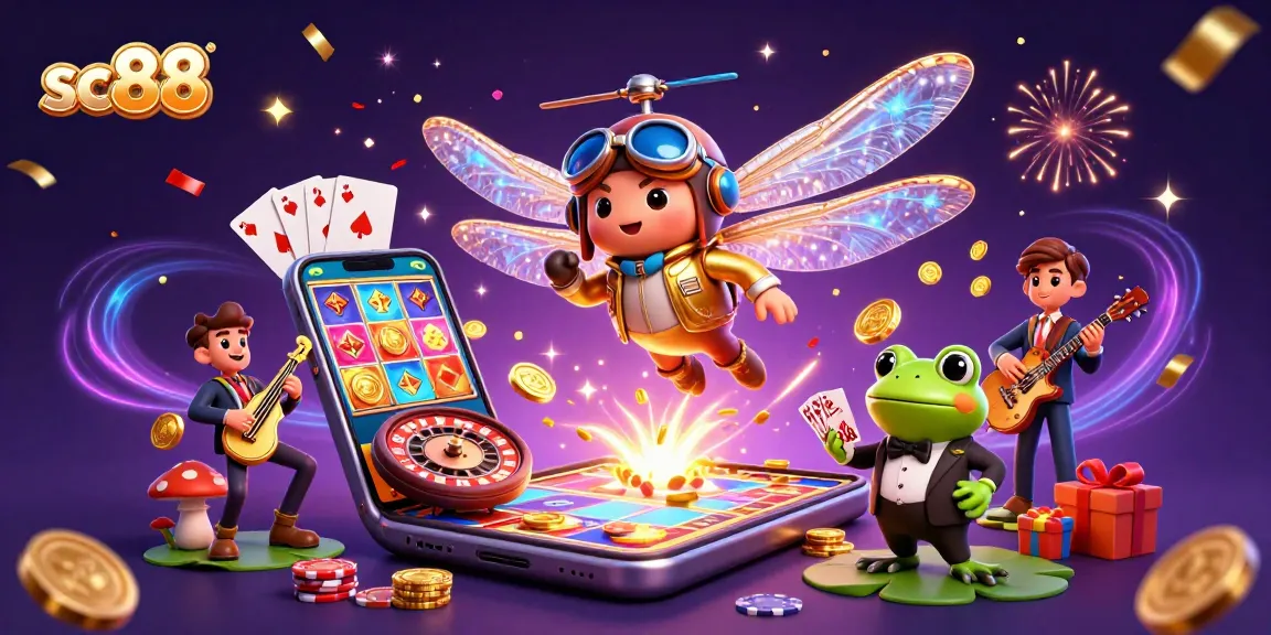Engage with exciting sc88 gaming elements as the dragonfly pilot and frog croupier create a lively casino scene.