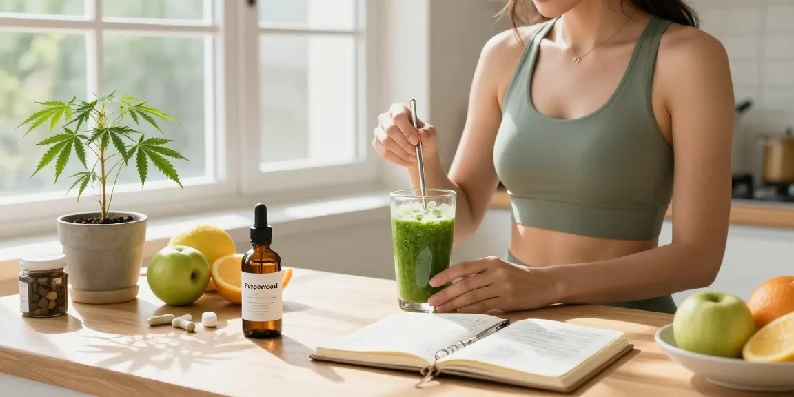 Properloud CBD oil bottle featured in a bright kitchen with healthy smoothie ingredients, conveying wellness and organic purity.