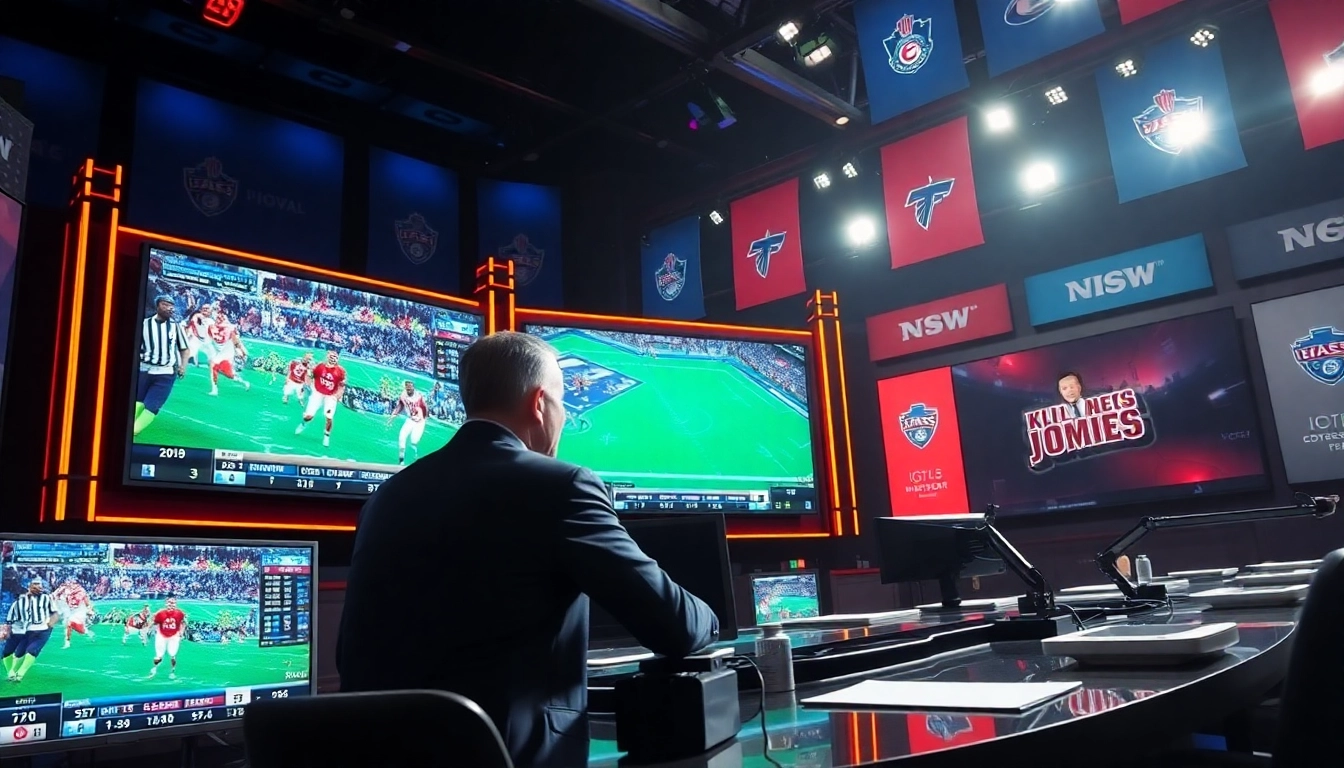 Engaging sports broadcasting studio capturing a host presenting live sports highlights.